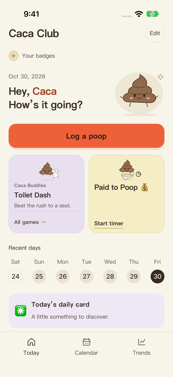 Caca Club Today screen: Hey Caca, how's it going? with a Log a poop button