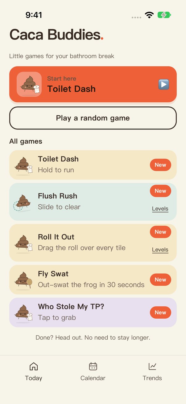Caca Buddies game list: Toilet Dash, Flush Rush, Roll It Out, Fly Swat, Who Stole My TP?