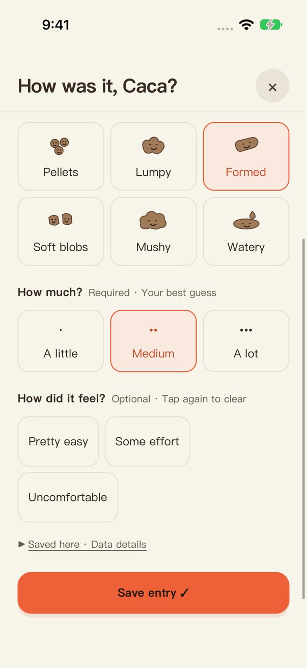 How was it? logging screen with shapes, amount and feel options