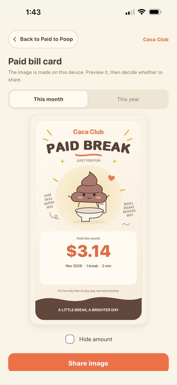 Paid bill card: Caca Club PAID BREAK, paid this month $3.14, Hide amount option and Share image button