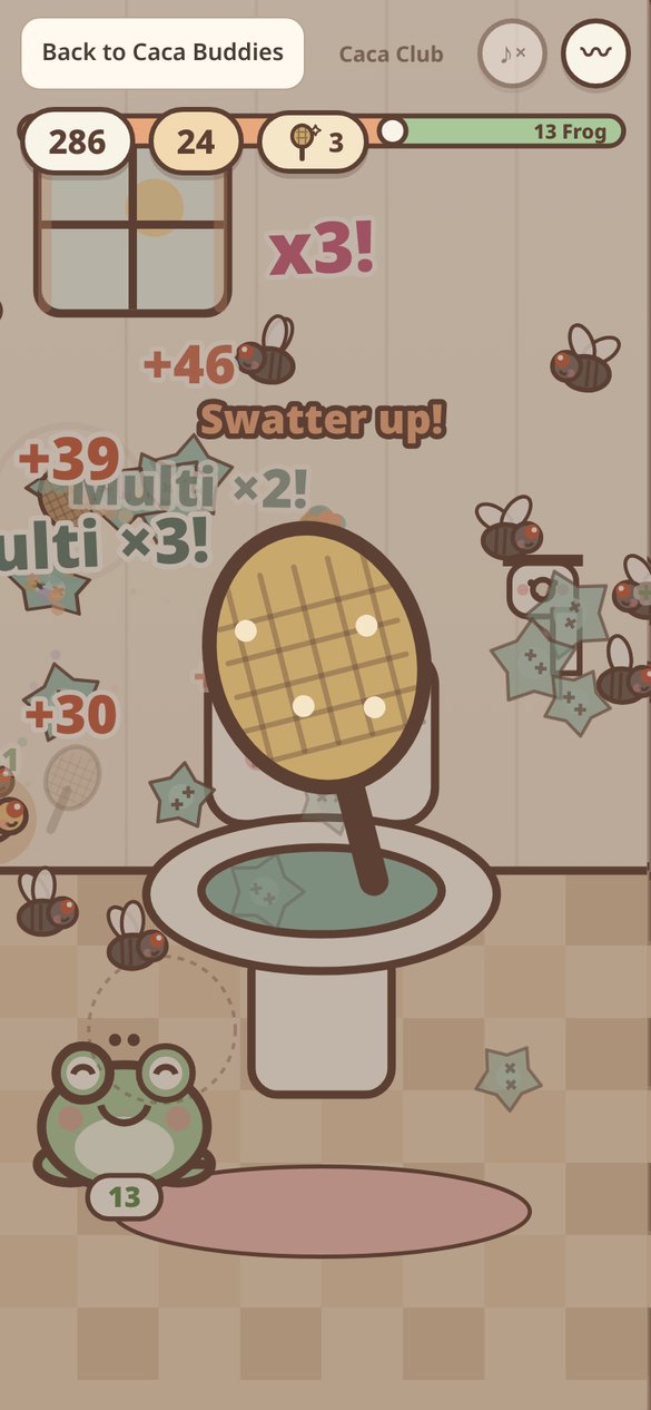 Fly Swat gameplay: a swatter over the toilet, combo x3, flies everywhere