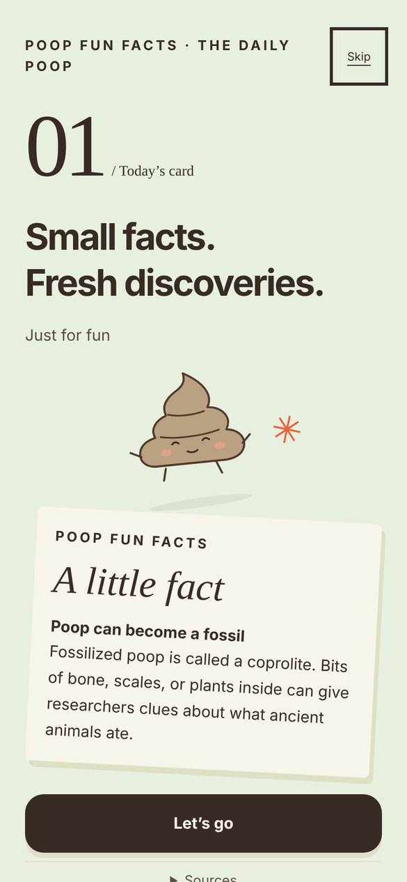 Caca Club opening card: Poop Fun Facts, The Daily Poop, card 01, Small facts. Fresh discoveries.